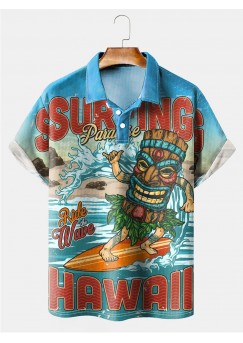 Men's Vintage Colorful Surf Big Tiki Mask Short Sleeve Polo Shirt