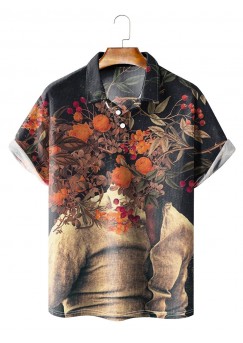 Men's Rose Print Lapel Polo Shirt 61856874X