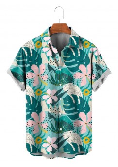 Men's Hawaiian Tropical Leaves Print Short Sleeve Shirt