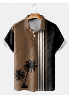Hawaiian Tropical Palm Stripe Contrast POLO Shirt