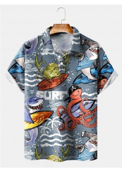 Cartoon Sea Fish Shark Octopus Crab Retro Surf Short Sleeve Polo Shirt