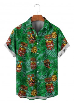 Men's Hawaiian Tiki Idol and Palm Leaf Print Short Sleeve Shirt